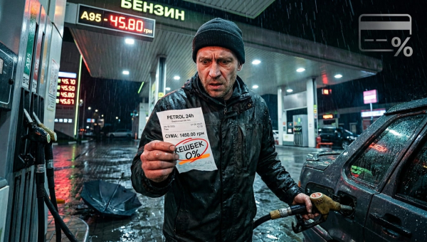 Мужчина на ночной заправке под дождём с чеком и пистолетом – растерянность и раздражение от отсутствия кэшбэка за топливо.
